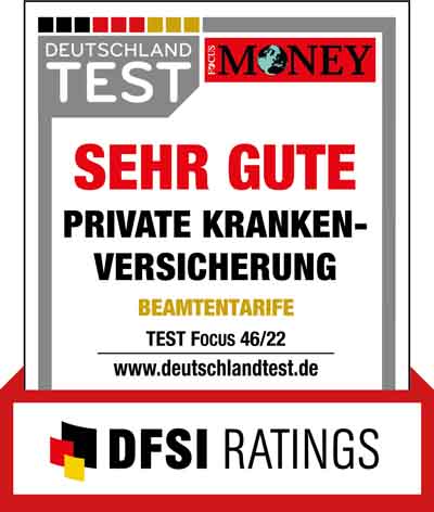Focus Money bewertet in Ausgabe 46/ 2022 mit "Sehr gute Private Krankenversicherung / Beamtentarife".